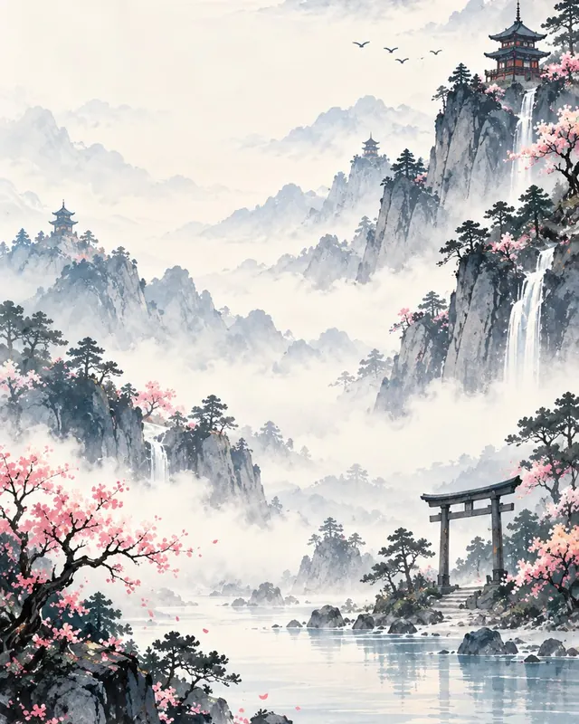 A calm, misty valley with a torii gate by still water.